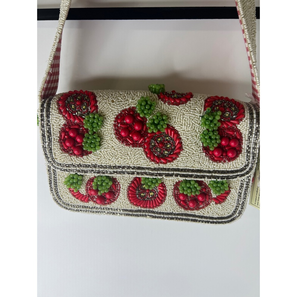 Handcrafted‎ Beaded tomato Shoulder Bag Cream Red Gingham Strap New With Tags